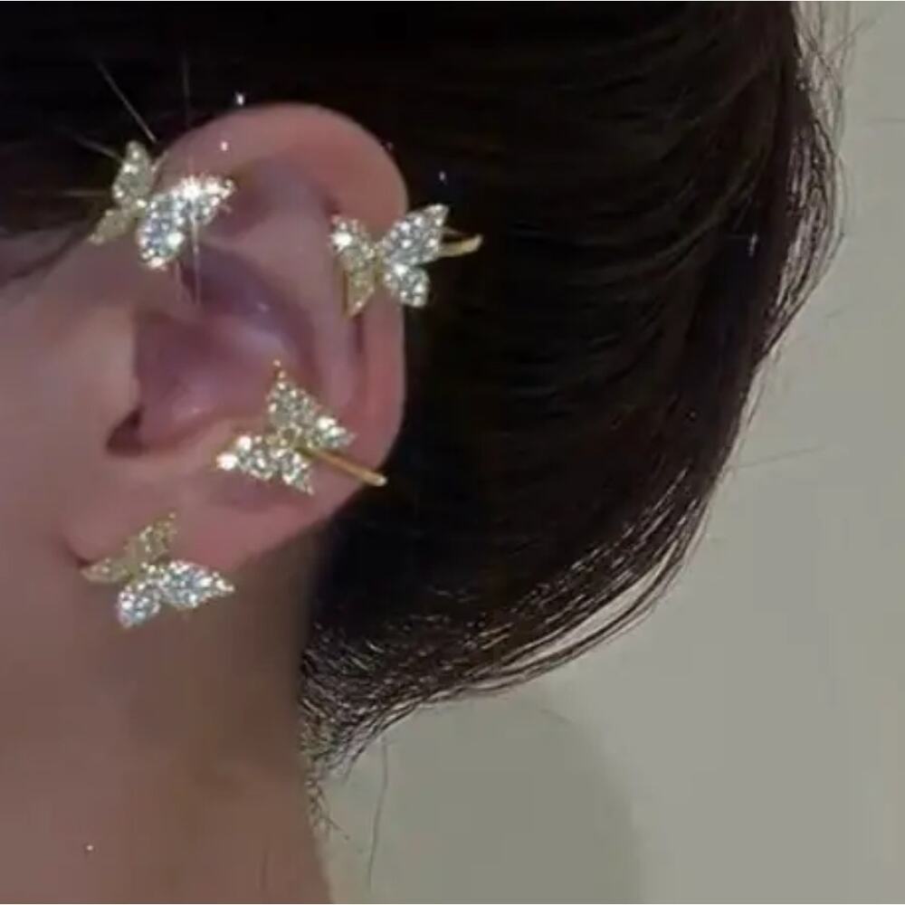 Pair Butterfly Cuff Earring Rhinestone Gold/Silver Metal Fairy Core Nature Elf - Picture 1 of 4